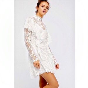 Free People White All Over Lace Long Sleeve Ruffle Front Dress.